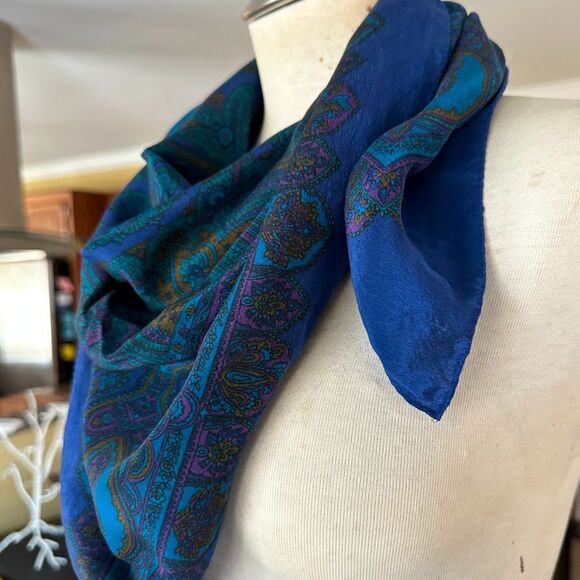 VTG Large Square Silk Cobalt Blue Teal Purple Jewel Toned Paisley Mosaic Scarf - Picture 15 of 16